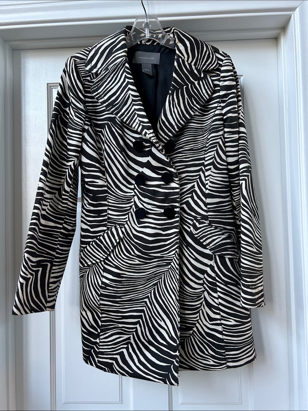 Anne Taylor Black and White Zebra-Print Pea Coat, comes with matching belt